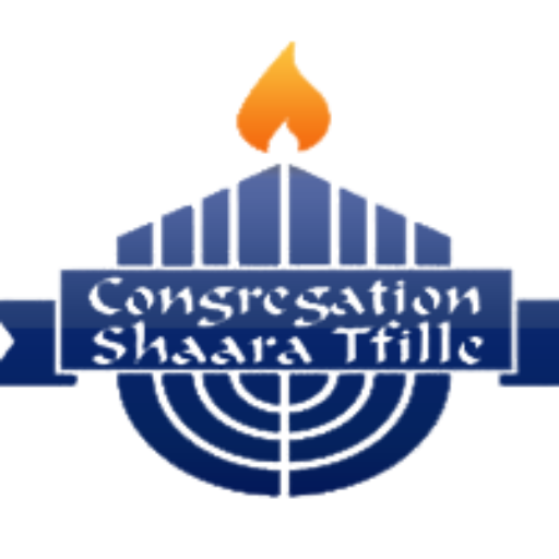 Logo of a Menorah with Congregation Shaara Tfille spelled out