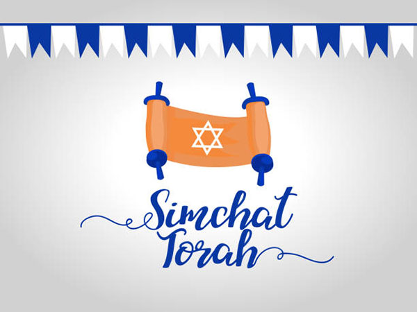 Simchat Torah with Torah scroll and celebration banner