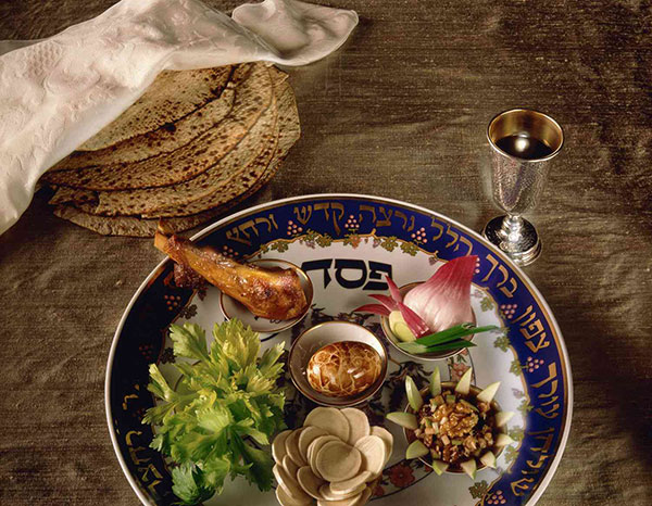 Passover Seder Plate matzah and wine