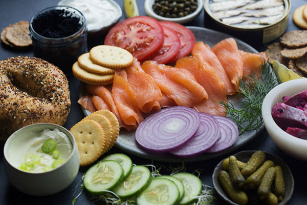 Bagels, lox, tomatos, onions, cucumbers, spreads and more for the break the fast celebration