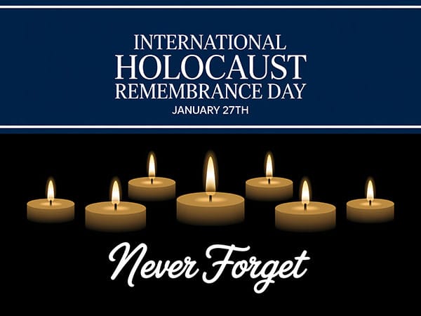 International Holocaust Remembrance Day 2026 with many candles and slogan "Never Forget"