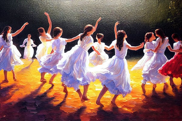 Women in white dresses dancing by a fire
